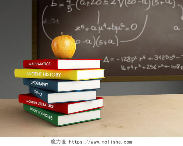 教室一角书本课本苹果书桌黑板上课数学学校读书分相会阅读世界读书日
